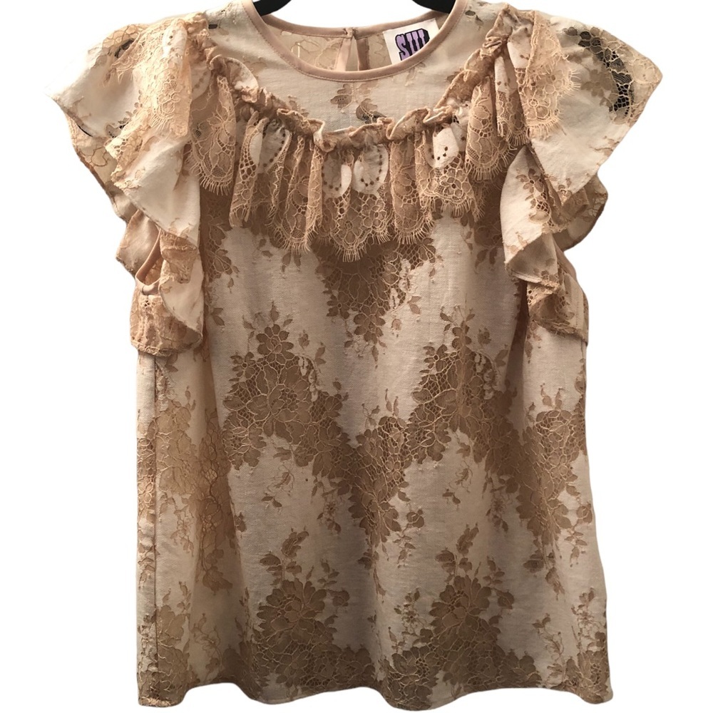 SUI By ANNA SUI Dreamy Lace Beige Flutter Sleeve Blouse